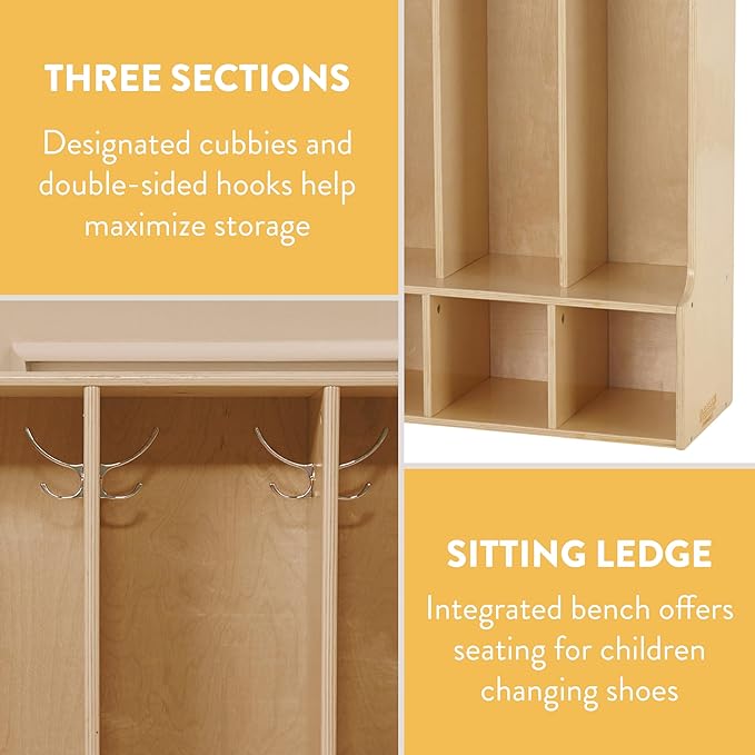 Sleekline 3-Section Toddler-Sized Coat Locker with Bench, Kids Furniture, Natural