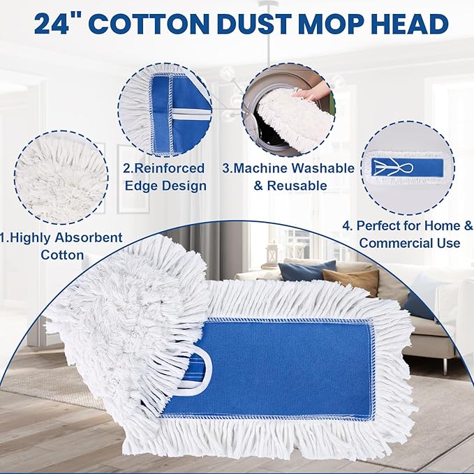 24 Inch Industrial Cotton Dust Mop Head Refill, Dust Mop Replacement Head for Commercial & Home Use, Heavy Duty Replacement for Office & Industrial Use, Machine Washable 1pc