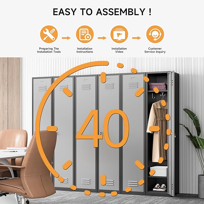 Bestoo Metal Locker, 71" Storage Cabinet with 1 Lockable Door and Hooks, Tall Freestanding Wardrobe for Employees, Gym, School, Home and Office (Black Gray)
