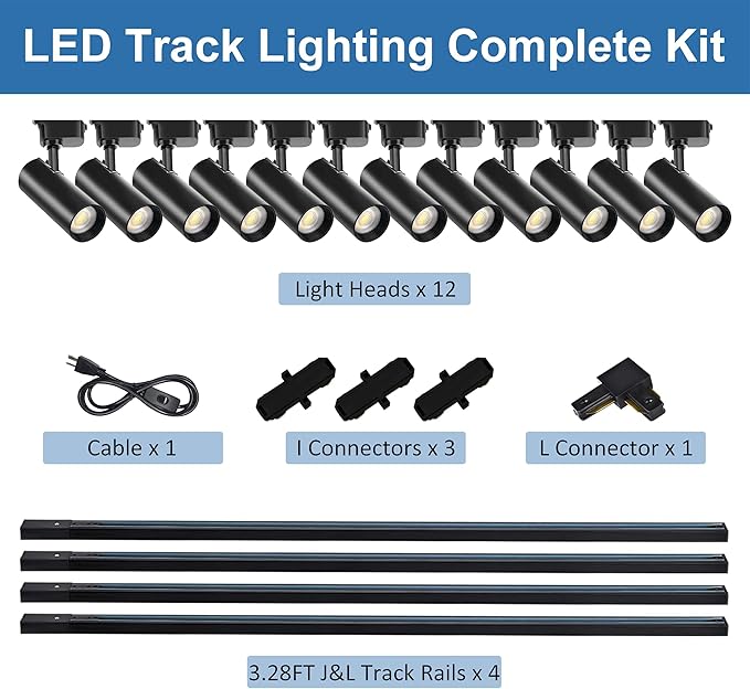 Super Brightness 25W 2000lm J&L Type LED Black Track Lighting System，6000K Cool Light Dimmable Brightness，with 13 FT Track Rails and Ceiling Spotlight Fixture Installation Package