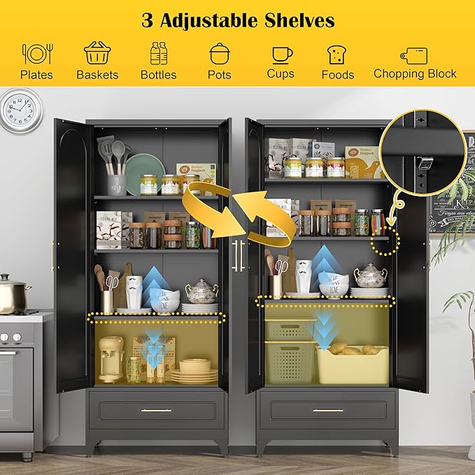 Metal Storage Cabinet with Drawers,75Inch Black Pantry Cabinets for Kitchen Storage with 3 Adjustable Shelves,Tall Kitchen Pantry Cabinet for Living Room, Dining Room，Office