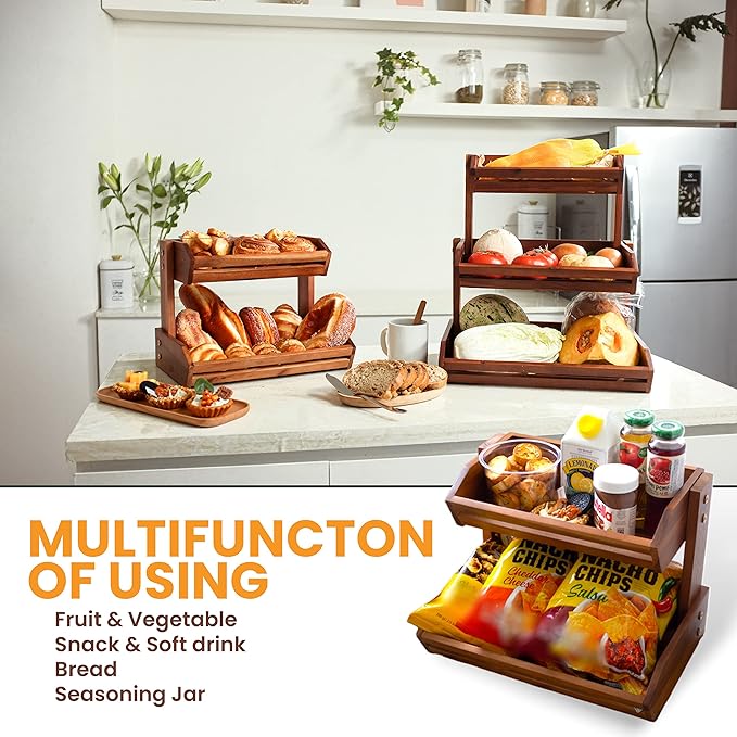 HOLANA Acacia 2 Tier Fruit Basket for Kitchen Counter Organizer – Wooden Fruit Bowl & Wooden Basket for Kitchen Counter Storage, Vegetable & Produce Storage, Snack Organizer for Countertop (Acacia)
