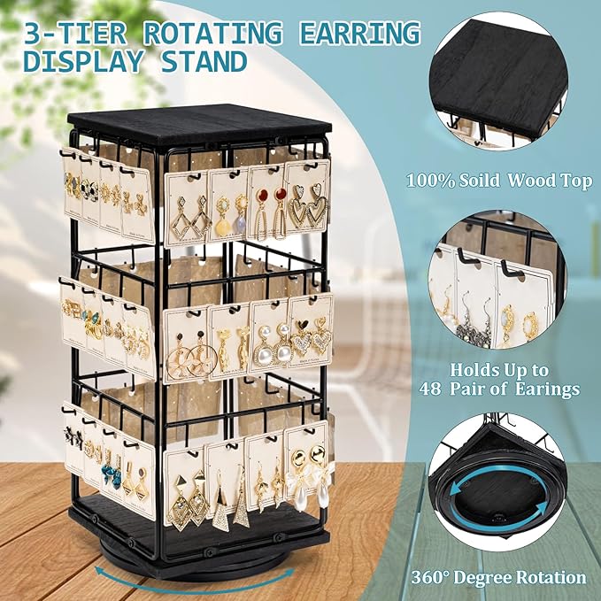 360 Rotating Earring Display Stands for Selling, Earring Rack Display Holder Stand, Jewelry Display for Selling Earring Cards, Necklaces, Rings, Bracelets, Hair Accessories (2 Pack)