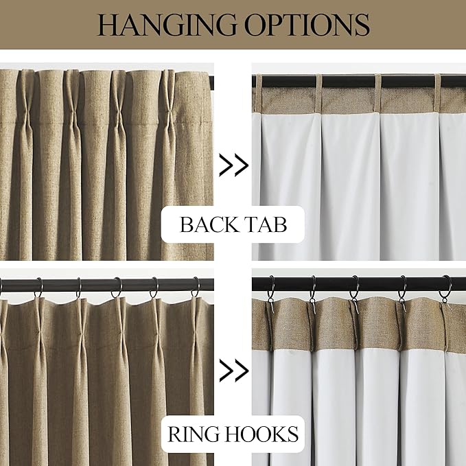 Vision Home Brown Pinch Pleated Full Blackout Curtains Linen Blended 60" Wide Thermal Insulated Window Panels 112 inch for Bedroom Living Room Darkening Pleat Drapes with Hooks Back Tab 60" Wx112 Lx1