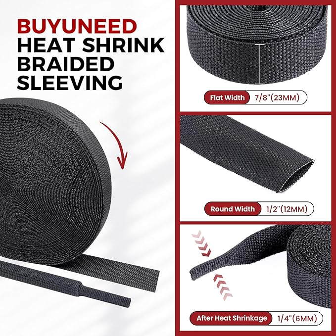 Braided Sleeving 2:1 Shrinkable Fabric Heat Shrink Tubing- Abrasion Protection Flexibility Wiring Harness Cable Sheath (1/2" ID, 16ft)