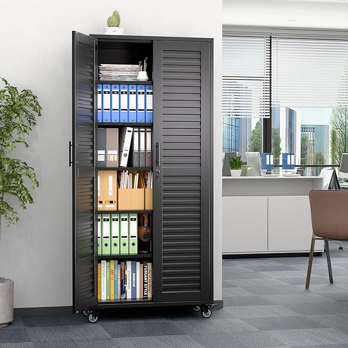 Aobabo Garage Storage Cabinet with Wheels,Lockable Metal Storage Cabinet with 5 Adjustable Shelves for Garage Home,Required Assembly,Black
