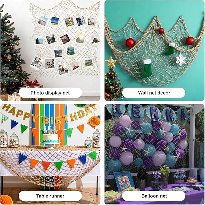 2 Pack Fish Net Decorations - 80x40 Inch Brown Fishing Net Decor for Under The Sea Hawaiian Beach Themed Party, 3mm Thick Natural Cotton Versatile Nautical Netting for Party Wall Table Ceiling Decor