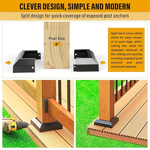 4.0"x4.0"（Actual: 4.0"x4.0"） Deck Post Base Cover Decorative Post Base Trim Skirt Black Aluminum 8Pack