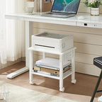 2 Tier Under Desk Printer Stand with Storage, Small Printer Table with Charging Station, Rolling Printer Cart Shelf with Lockable Wheels for Home, Office (White)