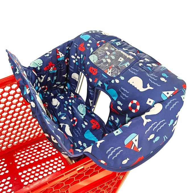 2-in-1 Shopping Cart and High Chair Cover for Baby, Padded Cover, Fold'n Roll Style, Portable with Carry Bag (Blue Whale)