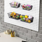 Sieral 4 Pcs Black Pegboard Baskets Metal Wire Shelf Baskets Peg Board Organizer Accessories Wall Mount Organizer Attachments for Garage Workbench Various Tool Accessories, 2 Sizes (Small, Medium)