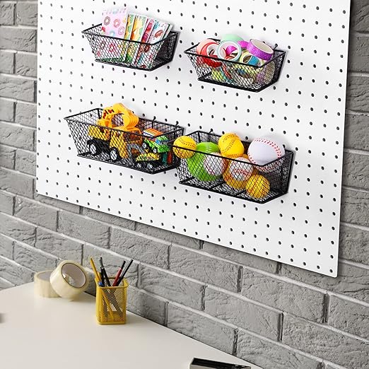 Sieral 4 Pcs Black Pegboard Baskets Metal Wire Shelf Baskets Peg Board Organizer Accessories Wall Mount Organizer Attachments for Garage Workbench Various Tool Accessories, 2 Sizes (Small, Medium)