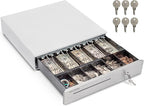 Volcora Cash Register Drawer for Point of Sale System 16" Stainless Steel Front & Removable Coin Tray, 5 Bill/6 Coin, 24V, RJ11/RJ12 Key-Lock, Media Slot, Cash Till, Money Drawer for Businesses, White
