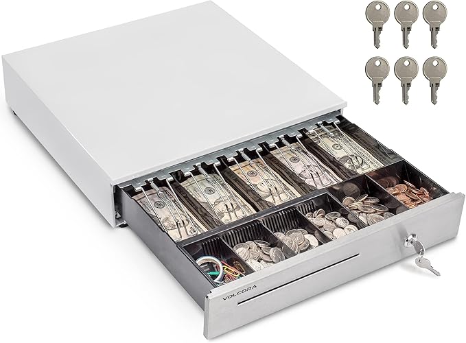 Volcora Cash Register Drawer for Point of Sale System 16" Stainless Steel Front & Removable Coin Tray, 5 Bill/6 Coin, 24V, RJ11/RJ12 Key-Lock, Media Slot, Cash Till, Money Drawer for Businesses, White