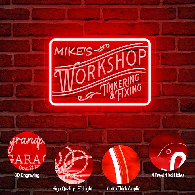 Personalized Workshop Neon Sign, Custom Name LED Garage Neon Light, Customizable Garage Light Up Sign for Man Cave, Garage, Handcrafted Workshop Decor, Gift for Dad, Husband, Craftsman