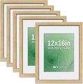 VCK 12x16 Picture Frame 5 Pack - Natural Oak, High-End Wood Poster Frames with Tempered Glass, Display 8.5x11 Photo with Mat or 12x16 without Mat, Art Gallery-Quality, Wall Hanging, Natural Oak