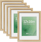 VCK 12x16 Picture Frame 5 Pack - Natural Oak, High-End Wood Poster Frames with Tempered Glass, Display 8.5x11 Photo with Mat or 12x16 without Mat, Art Gallery-Quality, Wall Hanging, Natural Oak