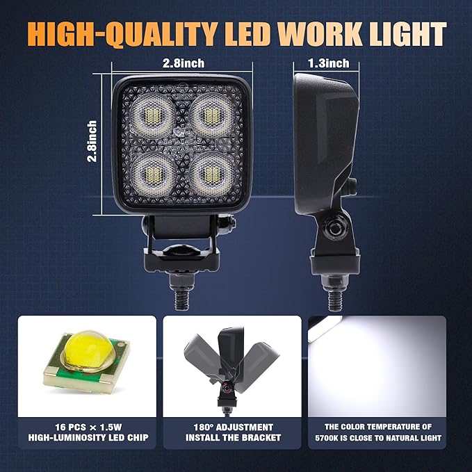 2.8 Inch 48W 5952LM LED Work Light Bar, with Shock Pad 12V Flood Light IP68 Waterproof, 2PCS LED Tractor Lights Applicable for Tractor Excavator Truck Off-Road Vehicle SUV ATV UTV