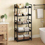 Rolanstar Bookshelf 5 Tier with 4 Hooks, Industrial Wood Bookcase, Vintage Storage Rack with Open Shelves, Rustic Standing Bookshelves Wood Frame Display Rack for Living Room, Bedroom, Black