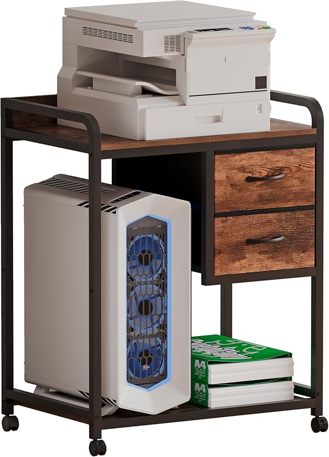 Large Printer Stand with 2 Fabric Drawers, Mobile Printer Table with Wheels and Computer Tower Slot for Home Office Storage and Organization, Rustic Brown (Rustic Brown)