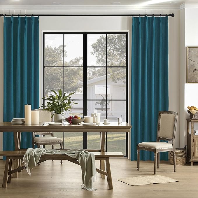 DUALIFE Dark Teal Blue Pinch Pleated Blackout Curtains 105 Inches Long, Back Tab with Hooks, Linen Full Black Out Thermal Insulated Track Curtain for Bedroom Living Room,50 Wx105 L, 2 Panels