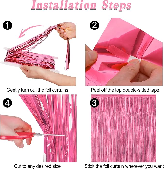 4 Pack Birthday Decorations, 3.28 FT x 7.05 FT Pink Backdrop, Metallic Happy Birthday Backdrop Fringe Curtains Party Streamer, Bachelorette Party Decorations Princes Birthday Valentines Party Decor