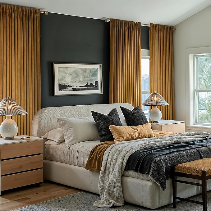 MIULEE Gold Velvet Blackout Curtains 84 inches Long, Pinch Pleated Drapes with Hooks, Thermal Insulated Pleat Design Luxury Panels for Living Room Bedroom, Set of 2