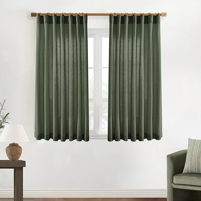XTMYI Short Curtains for Bathroom Window,Dark Olive Green Boho Bathroom Decor Shower,Sheer Linen Kitchen Curtains,45 Inch Length
