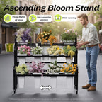 Heavy Duty 3-Layer Metal Flower Display Stand, 11-Bucket Flower Bar with Tool Basket, Thickened Frame & 360° Swivel Wheels, Flower Cart for Patio, Garden, Florist, Wedding & Party (Black)