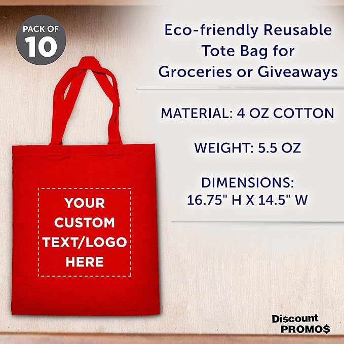 DISCOUNT PROMOS Custom Cotton Canvas Tote Bags Set of 10, Personalized Bulk Pack - Reusable, Great for Shopping, Grocery, Beach, Picnic, Wedding Favors - Red