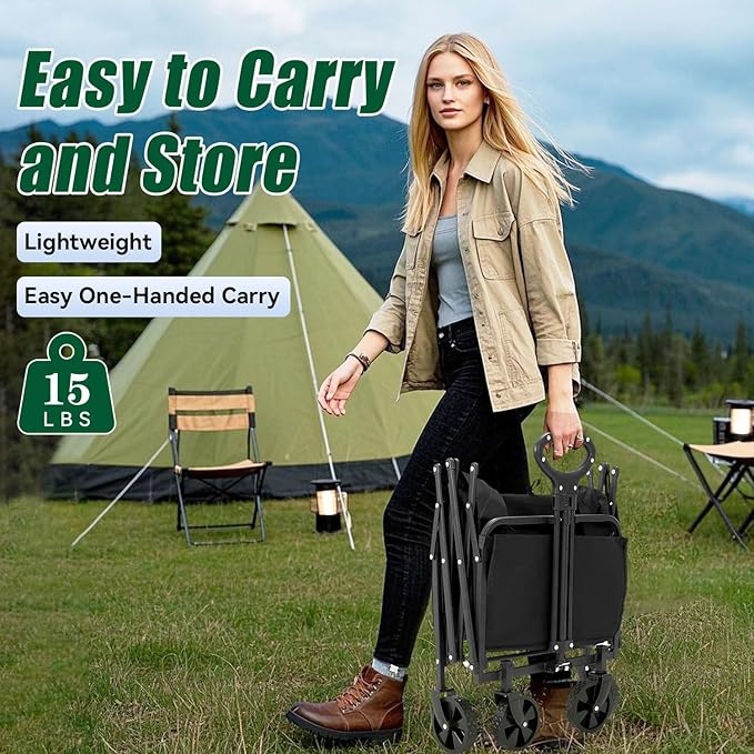 Collapsible Wagon Cart Foldable 37" L 480lbs Capacity, Heavy Duty Beach Wagon, Shopping Carts with Wheels for Grocery, Camping, Shopping, Fishing, Garden Cart