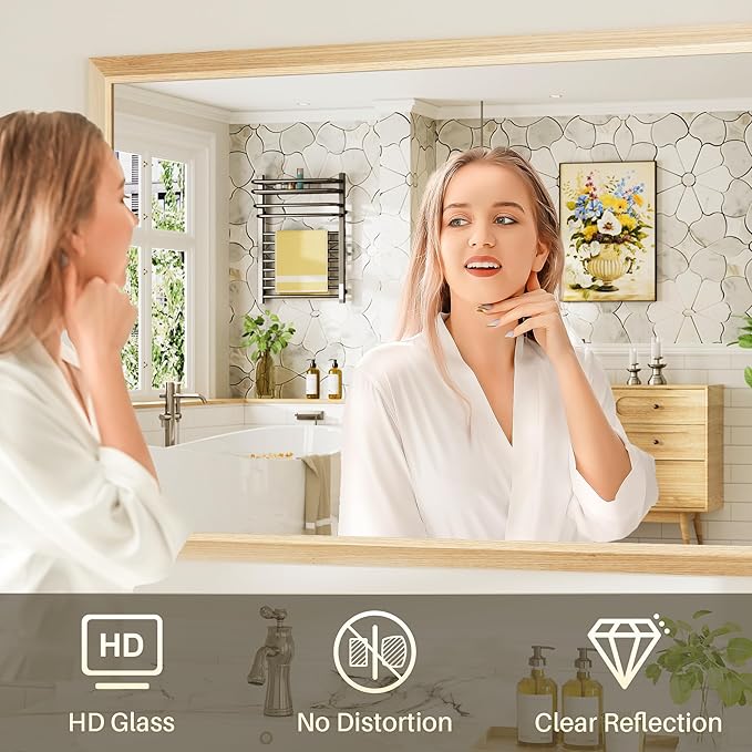48x30 Inch Bathroom Mirror for Wall, Anti-Rust Oak Wood Grain Metal Framed Bathroom Mirrors for Over Sink,Rectangler Mirrors for Bathroom Vanity, Farmhouse, Bedroom, Living Room, Entryway Decor