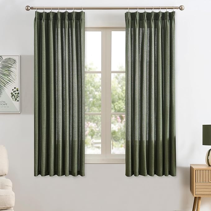 RAIN CITY Olive Green Curtains Pinch Pleated, Linen Curtain 45 Inches Long Semi Sheer Privacy Light Filtering Bedroom Window Curtains Drapes 2 Panels Set with Hooks
