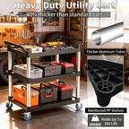 Utility Cart with Tangle-Free Wheels, 3 Tier Rolling Cart with Wheels(2 with Brakes), Heavy Duty 350 Lbs Capacity,Commercial Serving Cart for Home, Office, Restaurant, Warehouse.