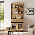 WAMPAT Modern 72" Tall Bookcase with Drawer and Open Book Shelfs, Library Book Shelf with Glass Doors Storage Cabinet, Wood Freestanding Bookshelf for Home Office, Living Room, Oak