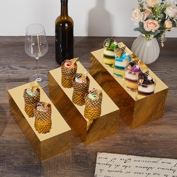 Acrylic Food Display Risers, Gold Risers Boxes 3Pcs Rectangular Display Stand Shelf Buffet Risers for Catering Dessert Buffet Table, Parties, Weddings, Collectibles Shoes Display(3pc)