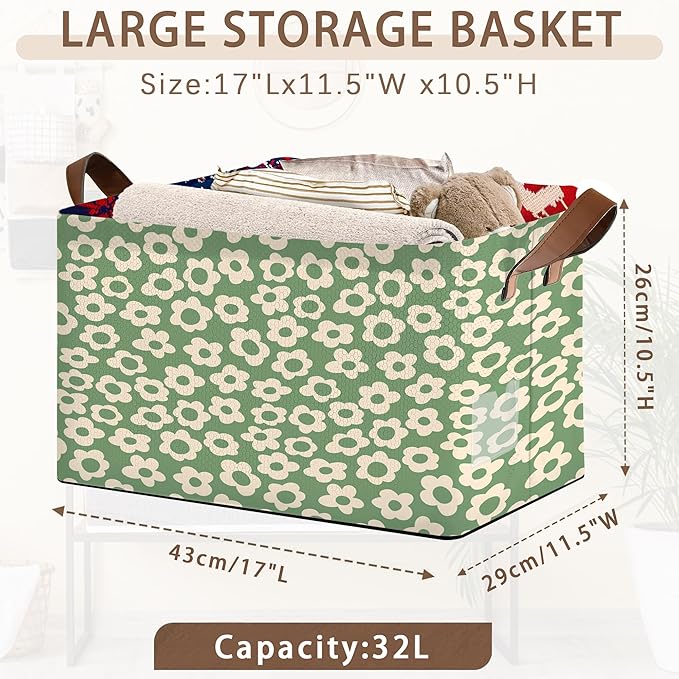 Vintage Groovy Flowers Storage Basket Large 17x11.5x10.5 Inche-Collapsible Fabric Organizer Bin with Handles for Living Room,Bedroom,Blankets-Decorative Hamper with 70s Retro Floral Design-Single Pack