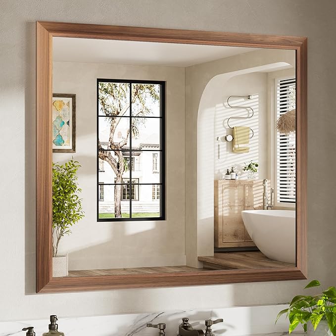 40x36 Inch Bathroom Mirror for Wall, Anti-Rust Walnut Wood Grain Metal Framed Bathroom Mirrors for Over Sink,Rectangler Mirrors for Bathroom Vanity, Farmhouse, Bedroom, Living Room, Entryway Decor