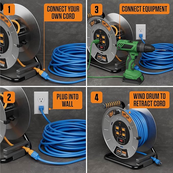 Masterplug 1ft Cord Reel, Metal Cable Drum, Retractable Extension Lead with Winding Handle, Safety Overload Circuit Breaker and Power Switch, 4x Grounded Outlets, 15amps, 12AWG Cable
