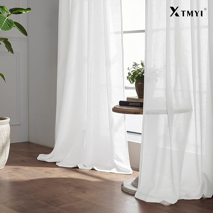 White Curtains 70 Inch Wide by 84 Long for 72 in Width Window,2 Panels Linen Cotton Back Tab Hooks Pleated Light Filtering Semi Privacy Extra Wide Sheer Curtains for Bedroom Living Room,70x84 Length