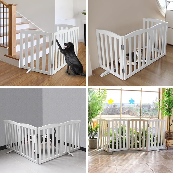 Freestanding Dog Gate Indoor,Doggie Gate Foldable Dog Gates for Doorways,Stairs or Hallways, Wooden White Pet Gate for The House, Pet Fence with Support Feet Included,32 "Height-4 Panels