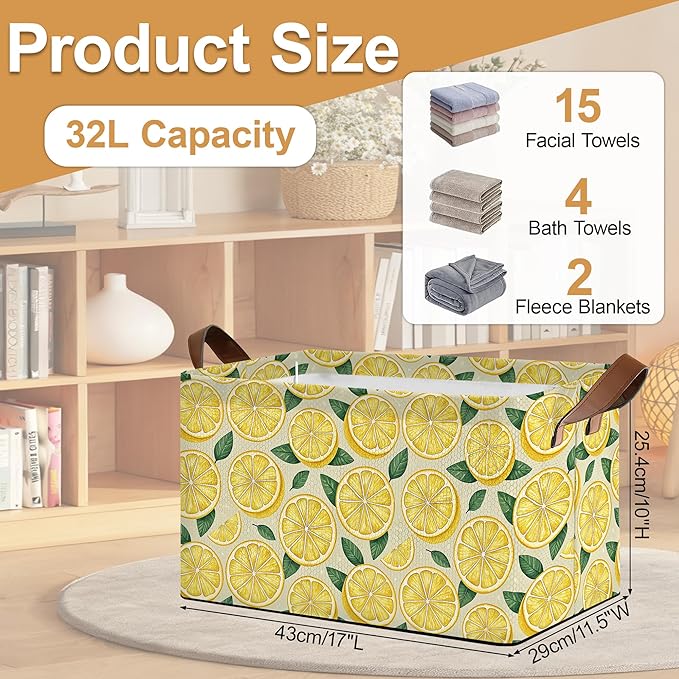 Lemon Storage Bin with Handles, Basket Storage Organizer for Shelves, Closet, Nursery, Book, Laundry Hamper & Home Decor