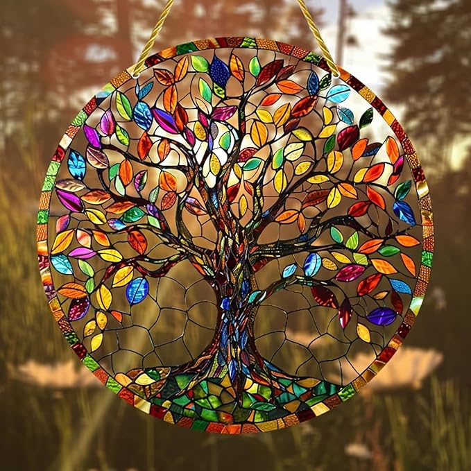 Colorful Tree Acrylic Ornament with Hanging Rope Chain Acrylic Wall Hanging Decoration for Window Door Display