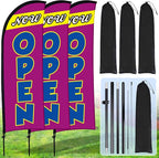 Buryeah 3 Sets Now Open Feather Flag Pole Kit for Business Advertising 7 ft Open Flag Banner Sign with Pole Kit Ground Stake and Portable Bag for Outside Ground (Lavender)