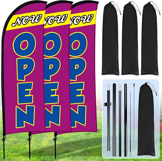 Buryeah 3 Sets Now Open Feather Flag Pole Kit for Business Advertising 7 ft Open Flag Banner Sign with Pole Kit Ground Stake and Portable Bag for Outside Ground (Lavender)