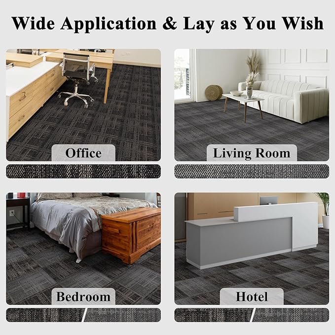 Carpet Tiles 20x 20 Inch, Floor Square Carpet Tiles, Indoor Outdoor Carpet Tile for Home Basement Commercial, Black & Grey-24 Tiles/64.5 Sq.Ft per Box