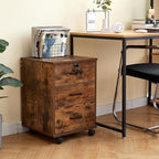TUKAILAi Mobile File Cabinet with 3 Drawers, Lockable Storage Unit Wooden Rolling Office Filing Cabinet with Wheels, for Legal/Letter/A4 Sized Documents Home Office (Rustic Brown 2PCS)