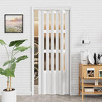 24-36 x 80in Accordion Doors Interior Folding Door, White PVC Accordion Door with 3 Frosted Acrylic Glass with Upgraded Roller & Handle & Complete Hardware, for Closet Bathroom Doorways