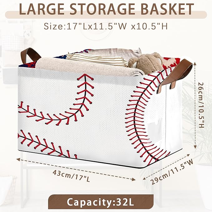 Baseball Texture Storage Basket Large 17x11.5x10.5 Inche-Collapsible Fabric Organizer Bin with Handles for Sports Gear,Toys,Laundry-Foldable Decorative Hamper with Stitched Leather Design-Single Pack