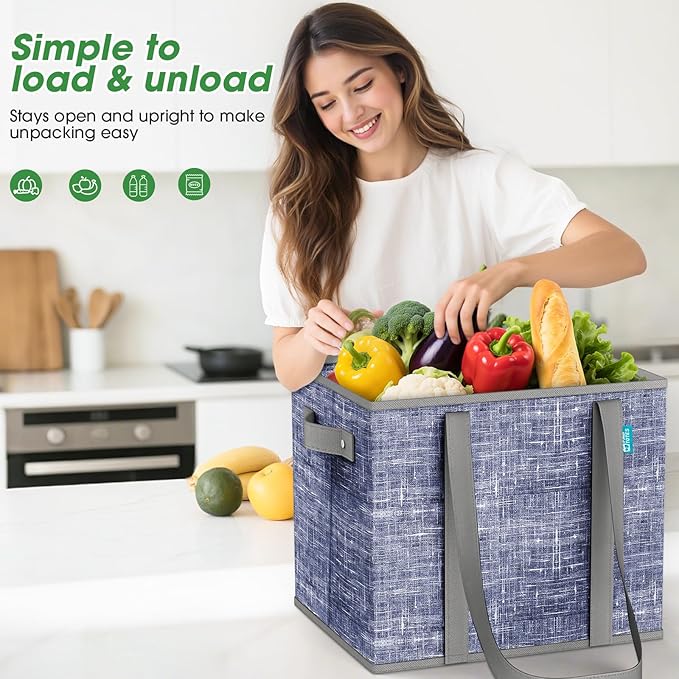 Fab totes Reusable Grocery Bags, Large Foldable Shopping Tote Bags with Reinforced Handles & Hard Bottom,4 Pack,Blue